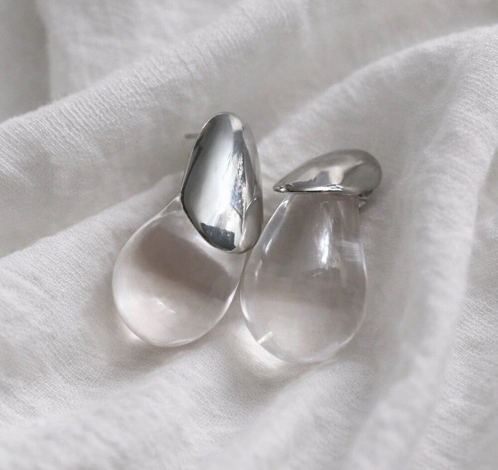 Lucite Clear Earrings Water Drop Silver Stud Boho Statement Teardrop Minimalist